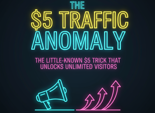 Book cover for The $5 Traffic Anomaly, featuring neon text and a megaphone with upward arrows on a dark background