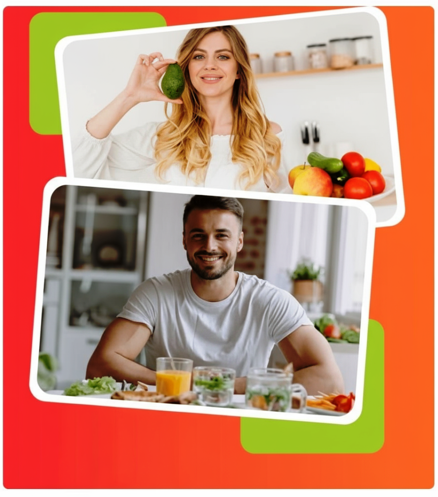 Woman and man enjoying fresh fruits and vegetables, highlighting healthy eating for anti-cancer diet.
