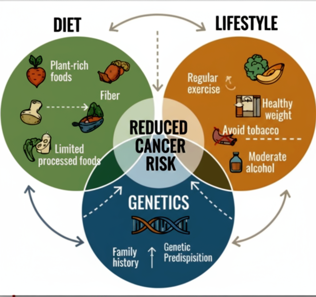 Diagram showing how diet, lifestyle, and genetics contribute to reduced cancer risk.