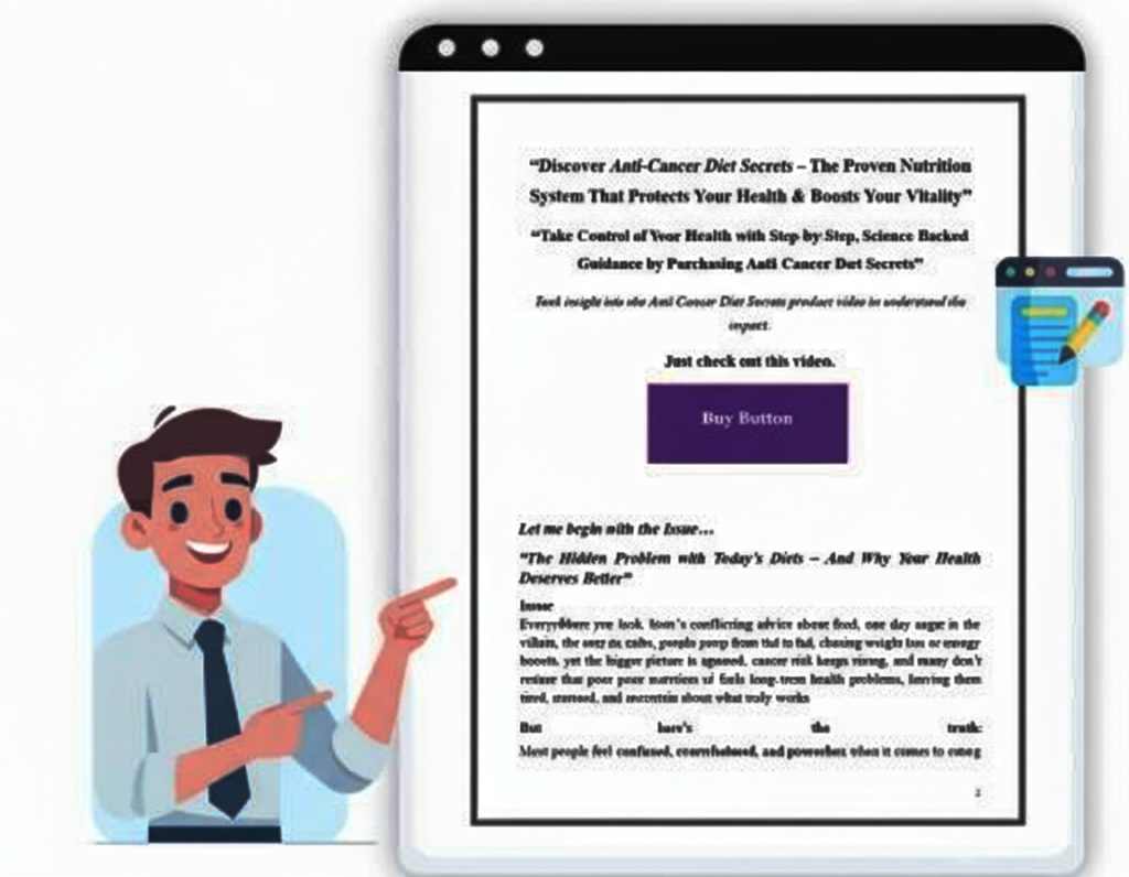 business person pointing at a tablet screen displaying an Anti-Cancer Diet Secrets product review and buy button.