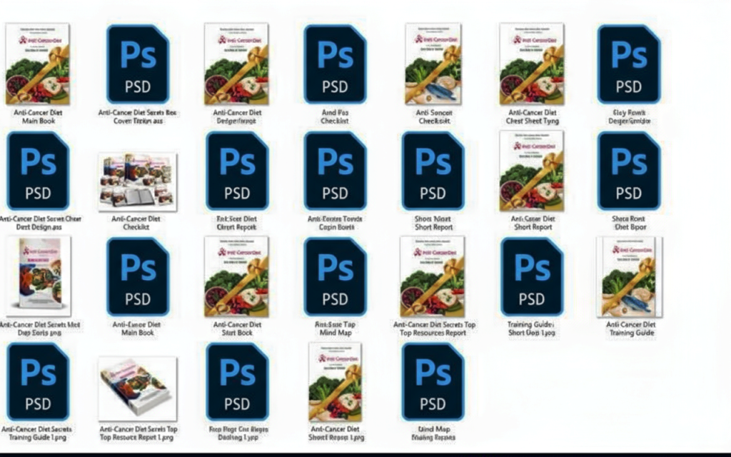 Preview of Anti-Cancer Diet review files, including eBooks, checklists, reports, and Photoshop PSD resources.