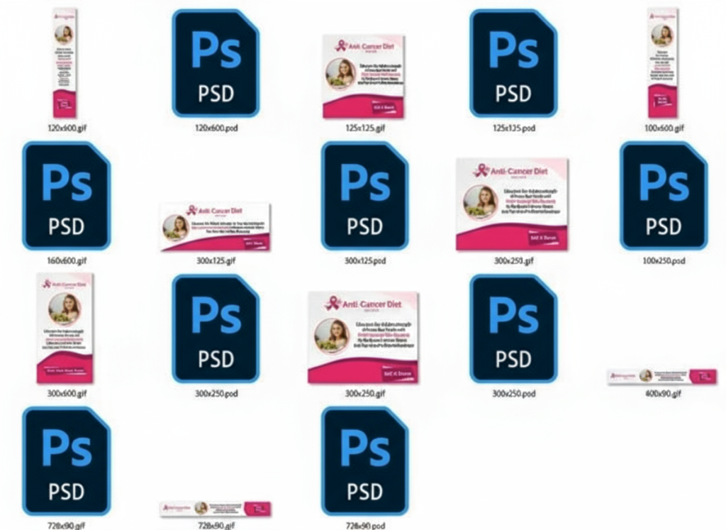 Collection of Anti-Cancer Diet banners and PSD design files for a website review article.