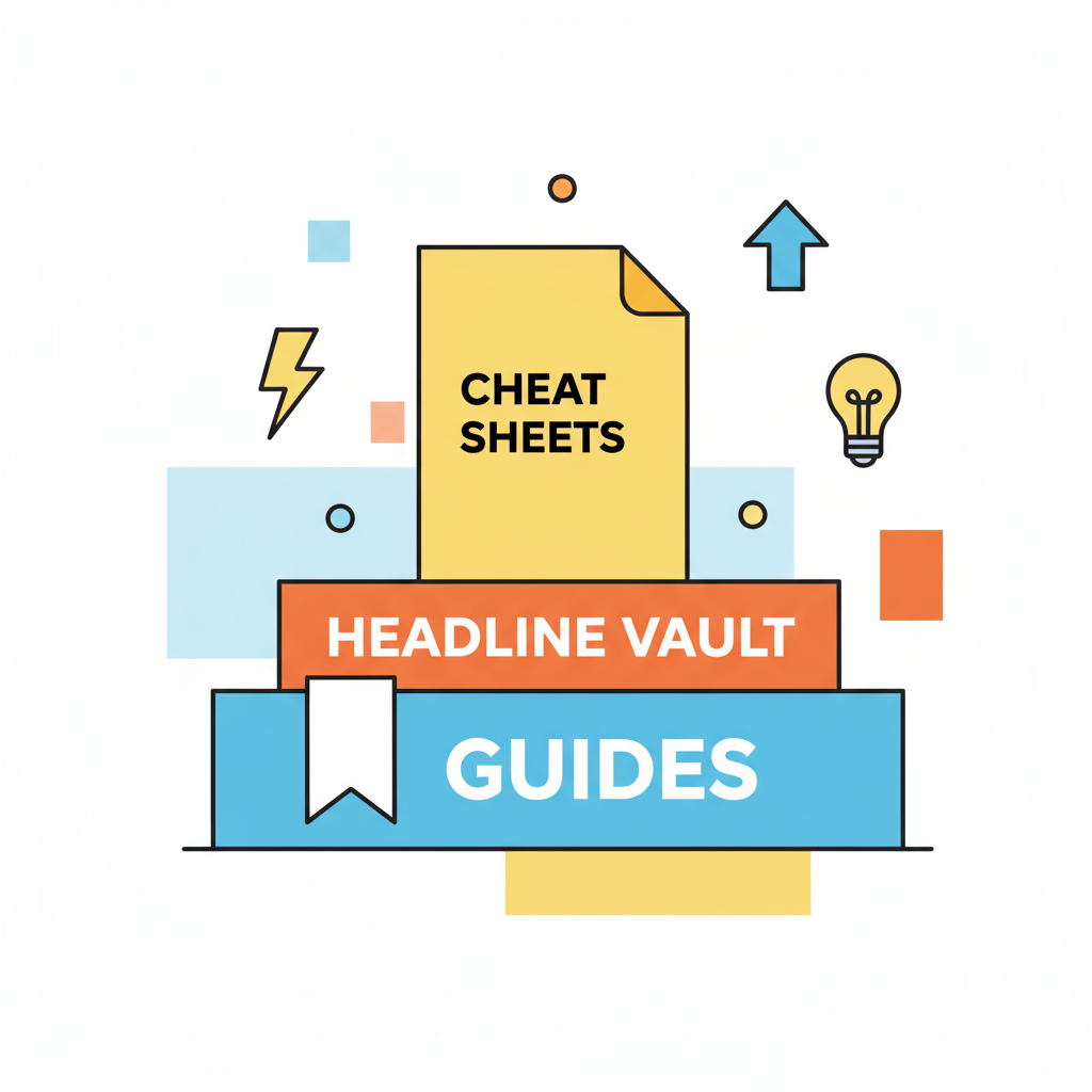 Bright minimalist flat style illustration of stacked digital marketing bonus resources including cheat sheets, headline vault, and guides