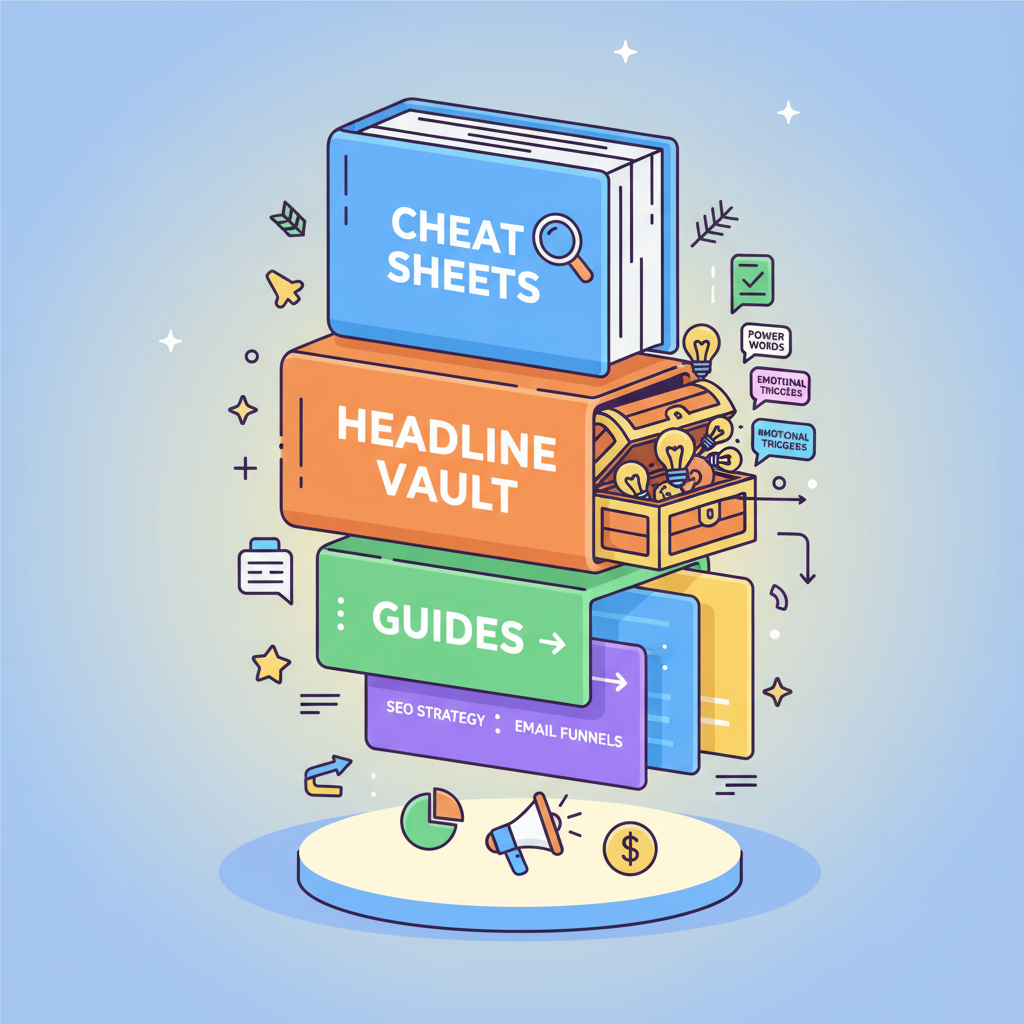 Vector illustration of digital marketing bonus resources including cheat sheets, headline vault, and guides stacked visually