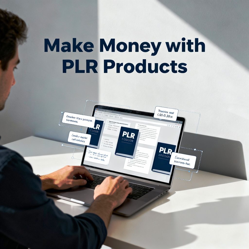 Person using laptop with "Make Money with PLR Products" on screen, related to online business and PLR content.