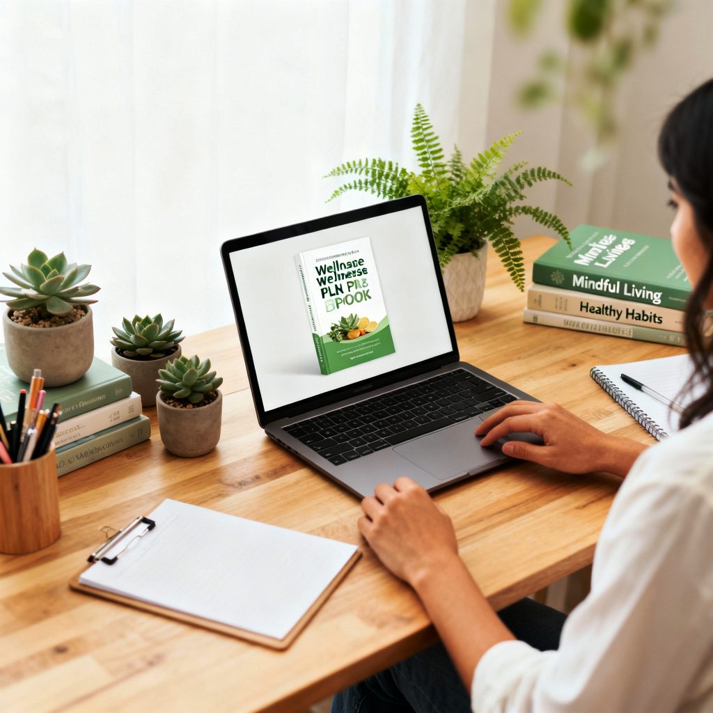 Woman at desk viewing wellness eBook on laptop, with notebooks and plants, related to healthy living content.