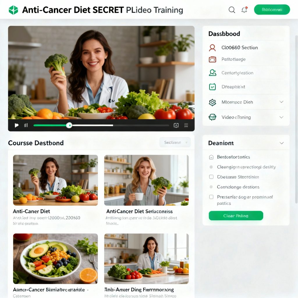 Anti-Cancer Diet Secret video training platform showing doctors with vegetables and course options.