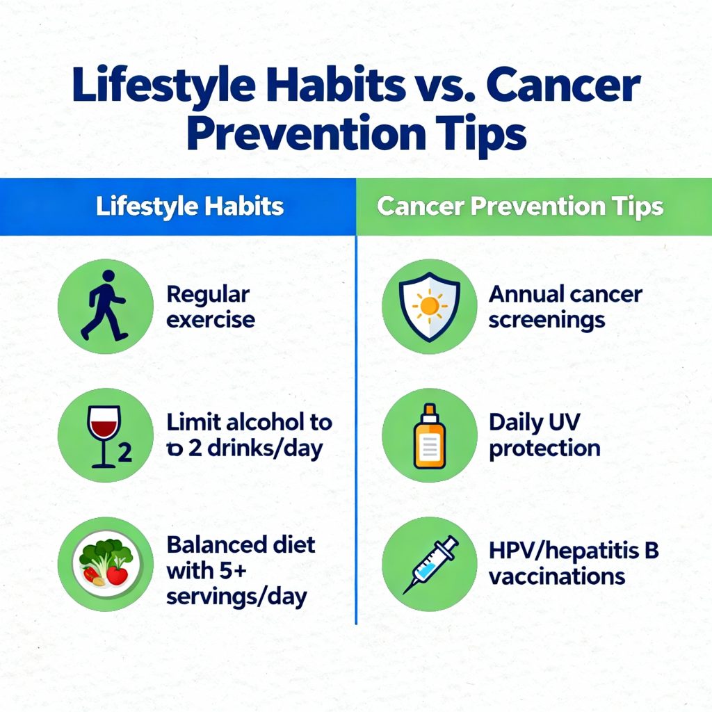 Infographic comparing healthy lifestyle habits and cancer prevention tips like exercise, screenings, and balanced diet.