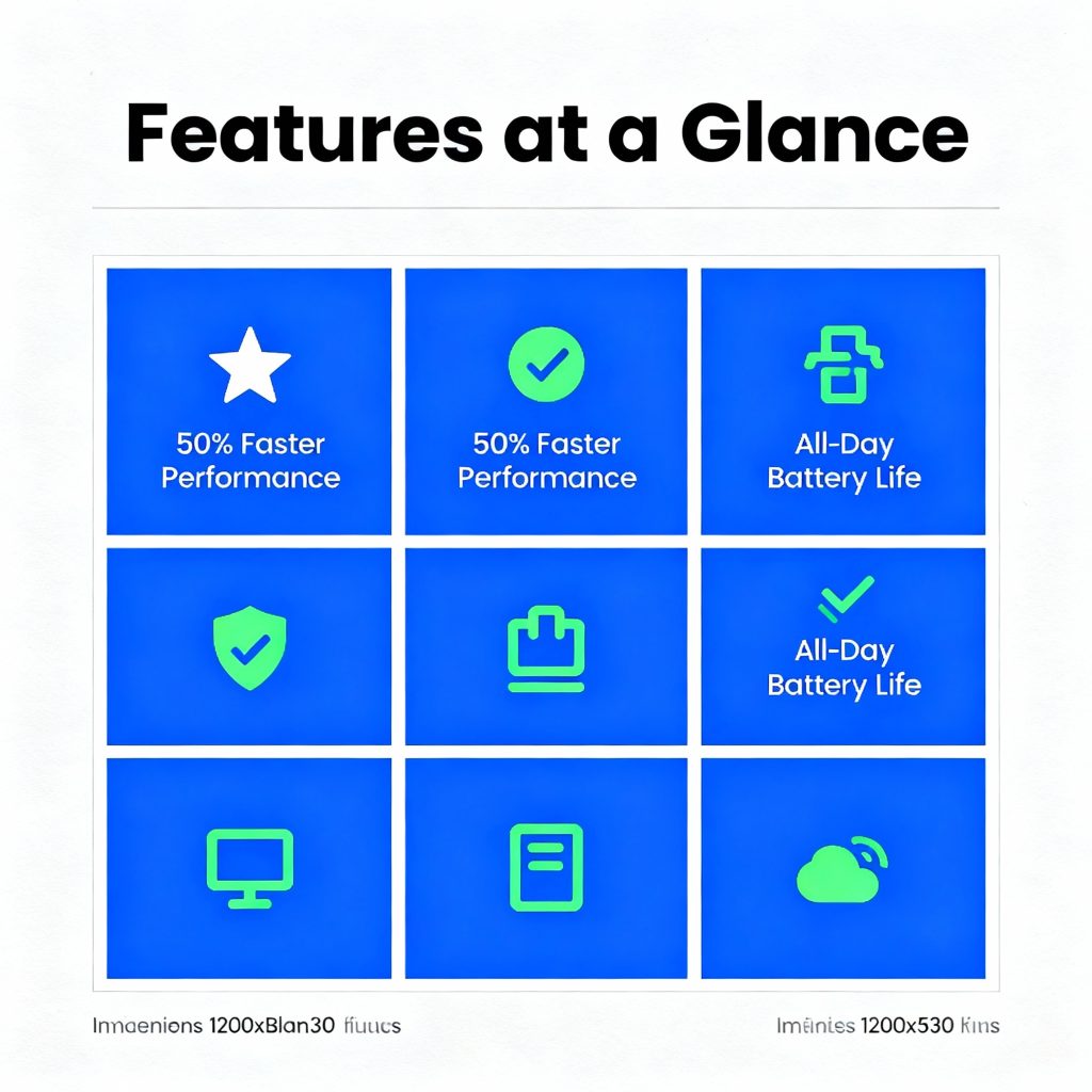 Key features overview showing faster performance and all-day battery life benefits with simple blue icons.