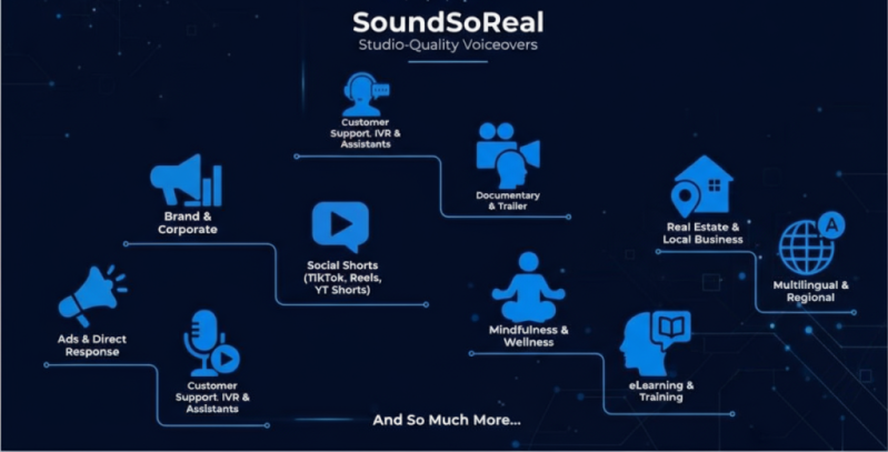 SoundSoReal AI Voice Designer Review - Create Real Human Voices Easily-Quality Voiceovers infographic showing hierarchical categories including Brand & Corporate, Customer Support IVR & Assistants, Documentary & Trailer, Real Estate & Local Business, Multilingual & Regional, eLearning & Training, Mindfulness & Wellness, Social Shorts, and Ads & Direct Response, with a central logo, dark blue background, and glowing blue-white accents